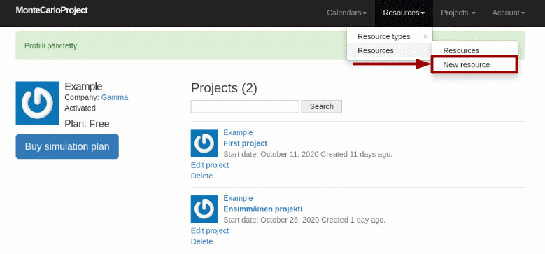 montecarloproject new resource with arrow