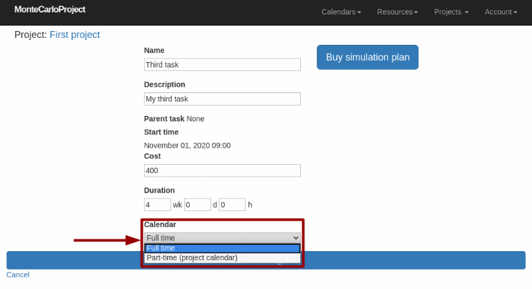 montecarloproject set task calendar with arrow