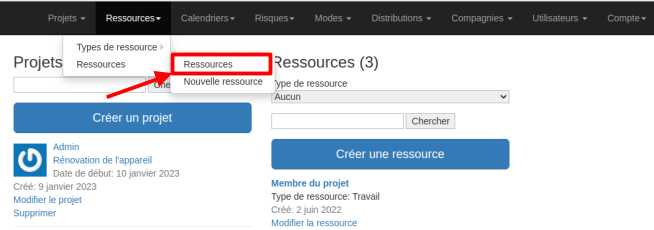 selection menu ressource